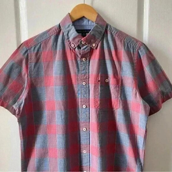 Tommy Hilfiger Mens Shirt Short Sleeve Button Down Red Grey Plaid Cotton Small - Picture 5 of 15